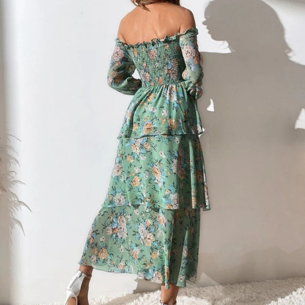green Off The Shoulder Shirred Layered Hem Floral Printed Dress - Picture 7 of 8